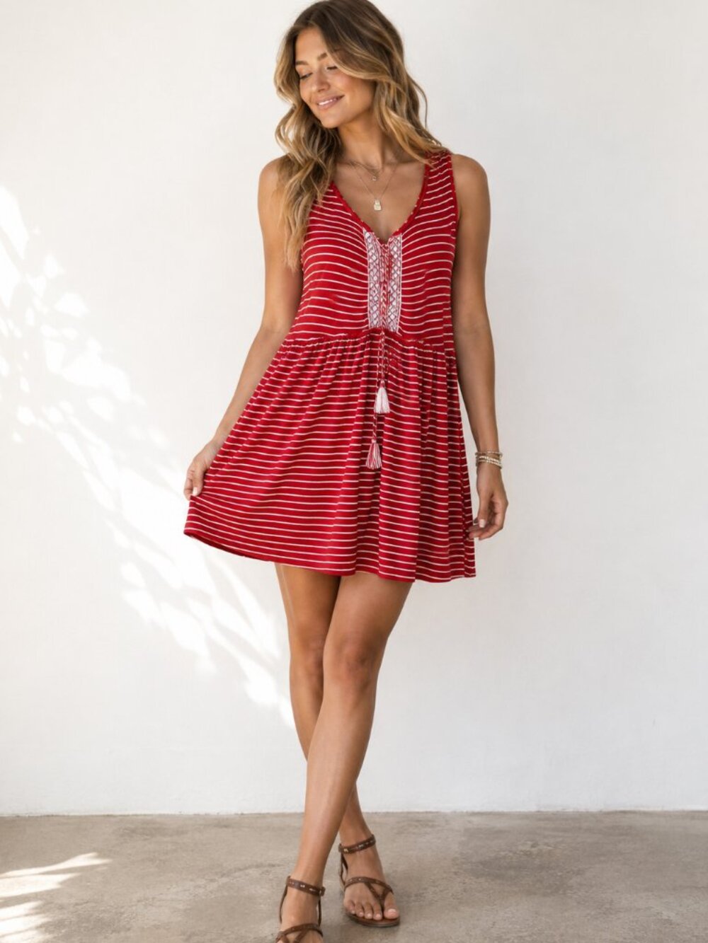 Max Studio Red Striped Sleeveless Dress Womens M Lace Up Mini Beachy Casual
